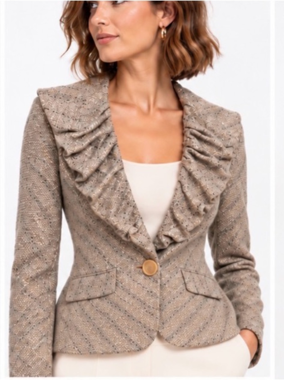 BCBG MaxAzria Michaela Tweed Cropped Blazer Ruffle Collar Size Small